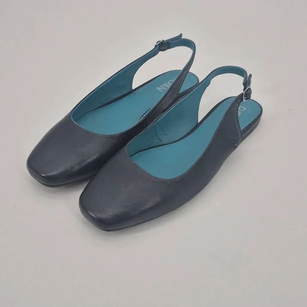 ROAN Woken Navy Blue Leather Slingback Square Toe Flats Size 9